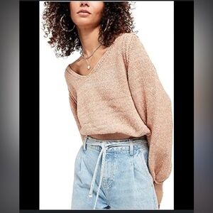 NWOT- Free People- Riptide Bishop Sleeves V-Neck Sweater- Caramel- Sz Lrg